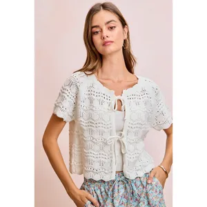 BiBi Front Bow Tie Detail Pointelle Knit Top - Ivory - XL thumbnail 14