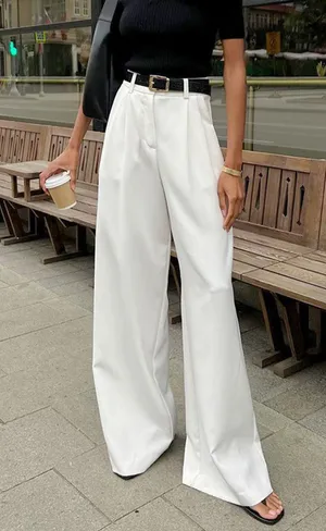 COMMENSE Pleated High Waist Wide Leg Pants White Size L thumbnail 1