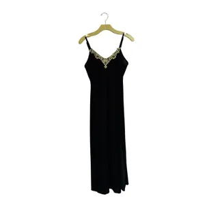 Vintage Delicates Black Velvet Maxi Nightgown Lace Neckline Side Slit Small thumbnail 4