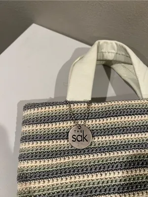 The Sak White Gray Seafoam Striped Crochet Tote Bag Leather Trim Mini Tote Purse thumbnail 4