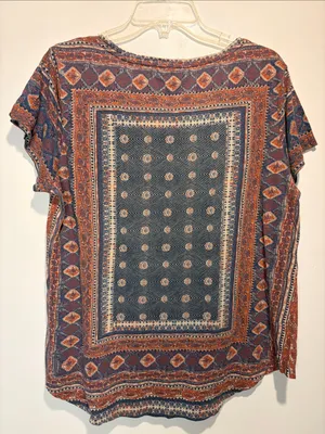 Lucky Brand Linen Blend Hi Low Short Sleeve Aztec Western Style Top Size XL thumbnail 2