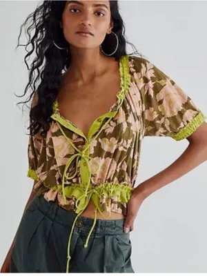 Free People Floral Drawstring V-Neck Crop Top in Olive & Pink thumbnail 1