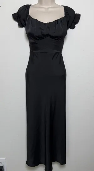 Women‎ Milkmaid Maxi Whimsigoth Dress Large Black Satin Puff Sleeve Ruched Bust thumbnail 1