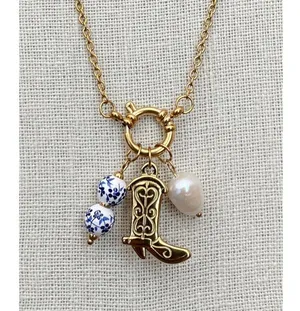 Boot Charm Necklace with Blue Floral Beads and Faux Pearl thumbnail 3