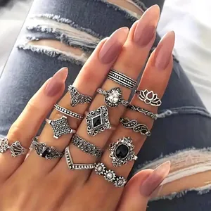 15 pc set Retro Midi Rings Silver and Black thumbnail 2