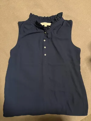 Loft Ruffle Neck Mixed Media Blue Blouse in Small thumbnail 2