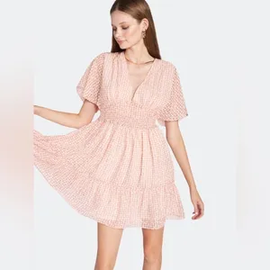 En Saison Caldera Gingham V Neck Tiered Mini Dress Coral Pink Small NWT thumbnail 3