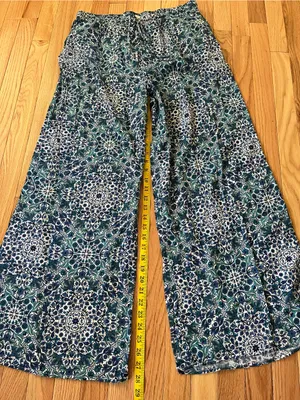 Primark Boho Coastal Wide Leg Pants Medium Blue Tile Print Vacation 100% Cotton Beachy thumbnail 7