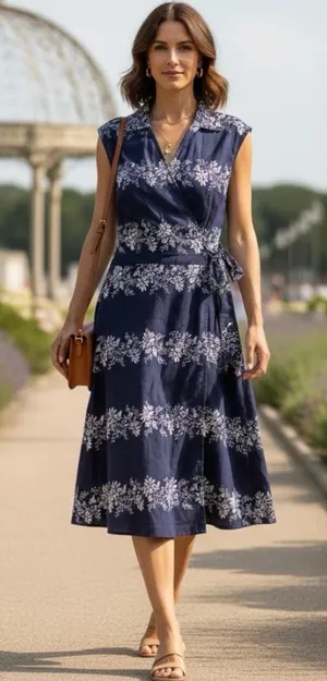 Tommy Hilfiger Women's Size M Navy Floral 100% Cotton Wrap Dress Midi Sleeveless thumbnail 1