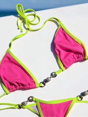 Hot Pink & Neon Yellow Pearl Accent Bikini Set Small thumbnail 4