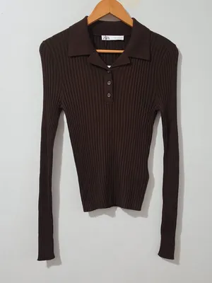 Zara Ribbed Knit Polo Top Long Sleeve - Brown - Size M - 3471 thumbnail 2