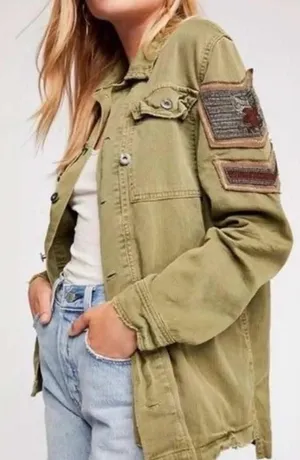 Free People Green Military Embroidered Beaded Shirt Jacket thumbnail 1