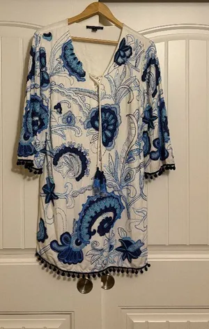 Boston Proper Beaded Dress Small White Blue Paisley Tie Front Rayon Lined Party thumbnail 1