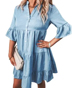 Buttoned front tiered mini dress thumbnail 3