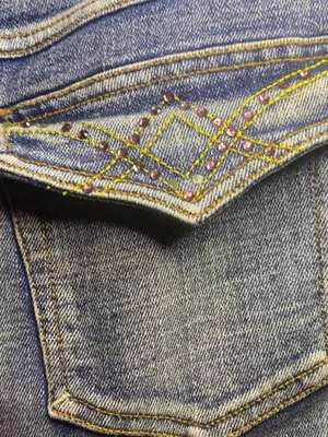 🌸MY2K Mudd Blue Denim Mini Skirt Embroidered Beaded Pockets Button Size S thumbnail 4