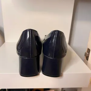 Navy Blue Patent Leather Block Heel Loafers with‎ Chain Detail & Fringe thumbnail 4