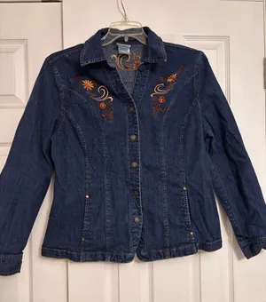 Decorated Originals Womens Floral Embroidered Denim Shirt Jacket Dark Wash Large thumbnail 1
