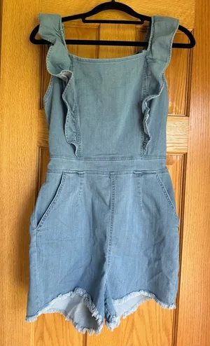 Denim Blvd Los Angeles Ruffle Strappy Denim Romper Light Wash Medium M Stretch thumbnail 1