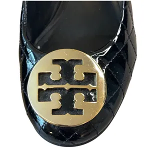 Tory Burch Quinn Quilted Patent Wedge Pumps‎ Black Gold Logo Size 8.5 thumbnail 11