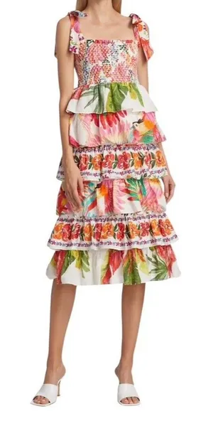 Farm Rio Mixed White Prints Layered Dress M Tropical Floral Tiered Linen Smocked thumbnail 1