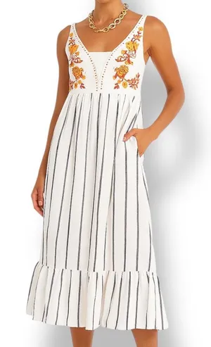 Melloday Embroidered Floral‎ Striped Sundress Ruffle Hem Strapless Boho Summer thumbnail 1