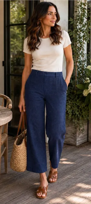 Old Navy Taylor Wide Leg Linen Blend Pants Navy Blue Small Petite High Rise thumbnail 1