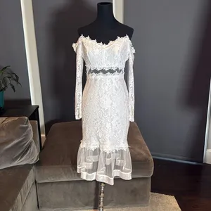 White Floral Lace Long Sleeve Off the Shoulder BodyCon Party Dress Size M *READ thumbnail 2