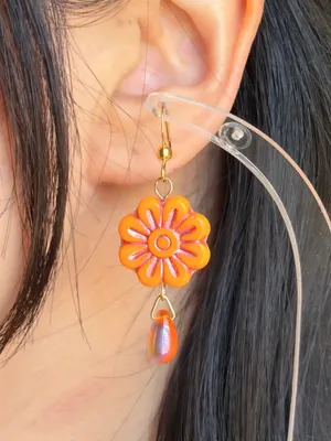 Handmade unique fairy retro cute Czech glass flower & teardrop dangle earrings🧡 thumbnail 3
