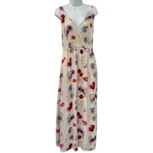 Lucky Brand Ivory Red Blue Floral Sleeveless Tie Waist V-Neck Maxi Dress size S thumbnail 2