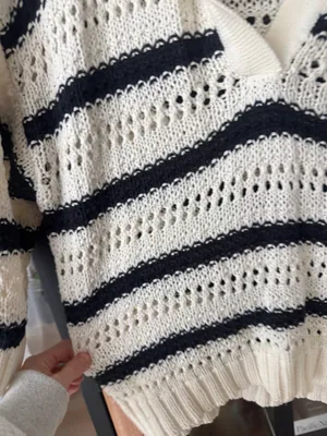 ASTR Striped Open Knit Polo Sweater top short sleeve crochet coverup collar thumbnail 9