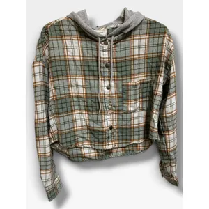 No Comment Plaid Hooded Cropped Flannel Shirt Green Gray Grunge Medium thumbnail 3