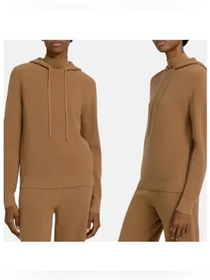 Theory Ribbed Mock Neck Hooded Wool Blend‎ Sweater Women's S Tan Quiet Luxury thumbnail 2