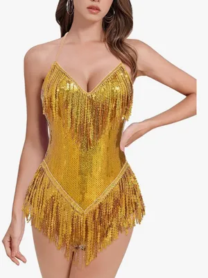 Sparkly Fringe Dress Glitter Tassel Latin Dance Dress V-Neck bodysuit costume thumbnail 1