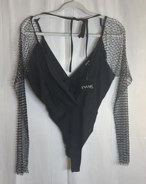 ENVME BLACK STRETCH RHINESTONE MESH BODYSUIT SNAP CROTCH Size Small NWT thumbnail 1