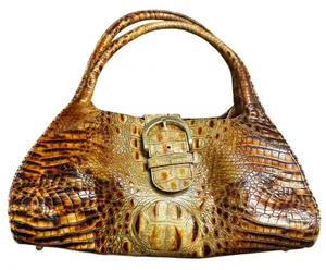 1990s Vintage Brahmin Warm Brown Croc Embossed Leather Shoulder Bag Gold Buckle thumbnail 1