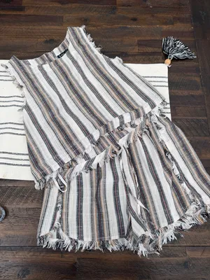 Very J Striped Frayed Two-Piece Shorts Set in Ivory, Black, Tan thumbnail 1