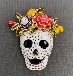 Halloween Skull with Wreath Enamel Brooch Gold and Coral thumbnail 1
