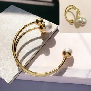 Gold Asymmetry Layered Pearl Bangle and Ring Set thumbnail 2