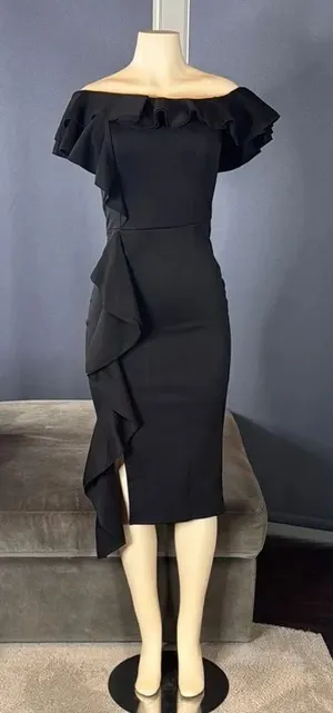 Women’s Black Off-Shoulder BodyCon Midi Dress with Ruffles Size S NWOT thumbnail 1