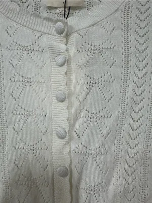 Lounge Pointelle Bow Cardigan - White Small New Cropped Fitted Long Sleeve thumbnail 4