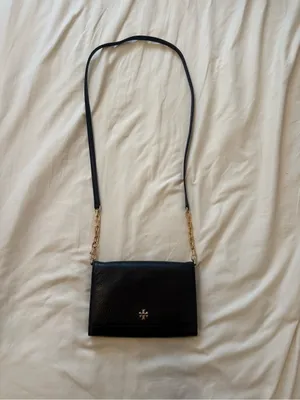 TORY BURCH | Black Georgia Pebbled Leather Fold over with gold chain detail thumbnail 2