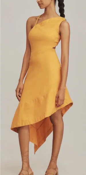Anthropologie Sleeveless Asymmetrical Open Back Linen Midi Dress 14‎ Orange thumbnail 1