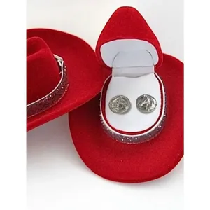 Western Horse Earrings Sterling Silver Plated in Red Velour Cowboy Hat Box NWOT thumbnail 3