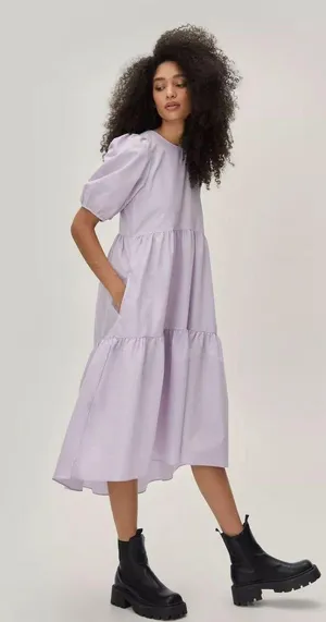 Nasty Gal Puff Sleeve Crew Neck Tiered Midi Dress thumbnail 4