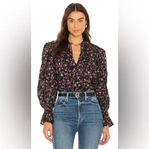 Free People Meant To Be Black Floral Print Full Mutton‎ Sleeve Peasant Blouse M thumbnail 14