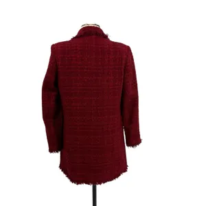 Zara Tweed Blazer Jacket‎ Coat Gold Buttons Frayed Hem Red Size Small thumbnail 10