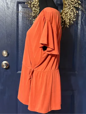 LOFT Orange Wrap-Front Short Sleeve Blouse size Large NWT thumbnail 3