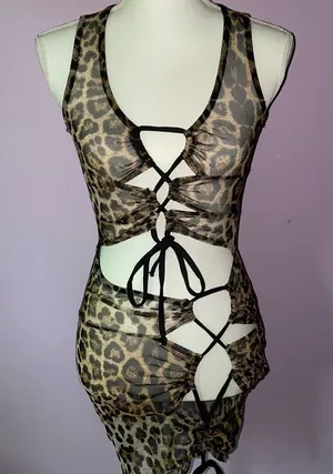 Cheetah Print Swim Cover Up Mesh Cutout Mini Dress Tie Front Small thumbnail 1