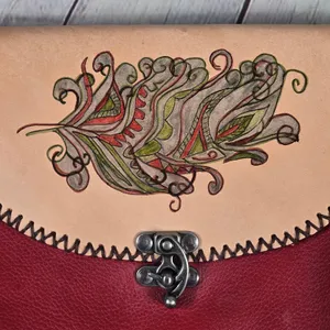 Handcrafted Tooled Leather Feather‎ Crossbody Bag Red Tan Whipstitch Boho Purse thumbnail 8