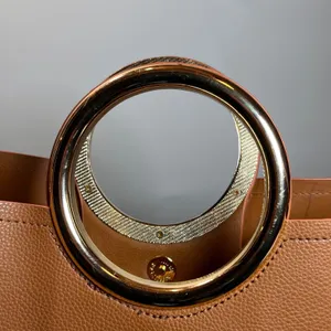 Brown Faux Leather Tote Bag With Gold Ring‎ Handle Shoulder Crossbody Strap thumbnail 4